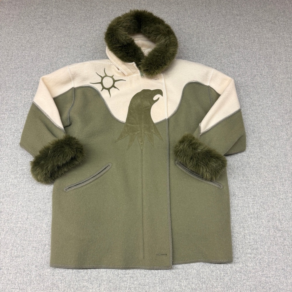 Linda Lundstrom La Parka L Green Wool Eagle Sun Graphic Faux Fur Hooded Coat Vtg